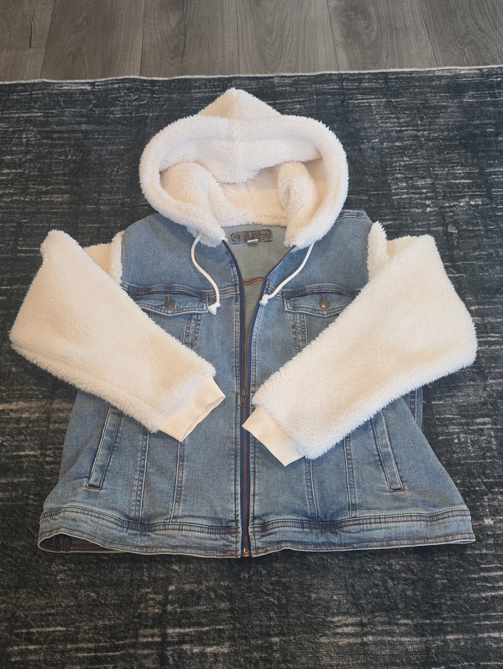 Women's Hooded Sherpa Denim Jacket - Cream Sherpa with Blue Denim